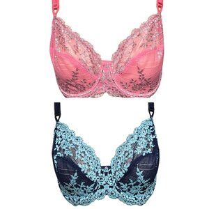 2 Wacoal Sexy Lace Underwire Bra 36D Sheer Pink Silver Blue Floral Lingerie 36 D